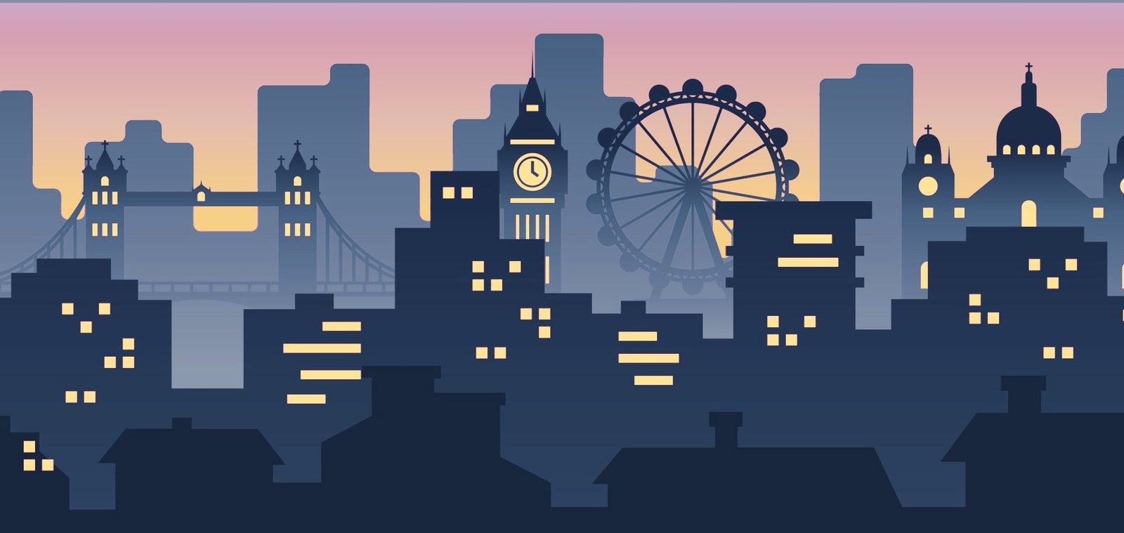 Illustrated London skyline at dusk