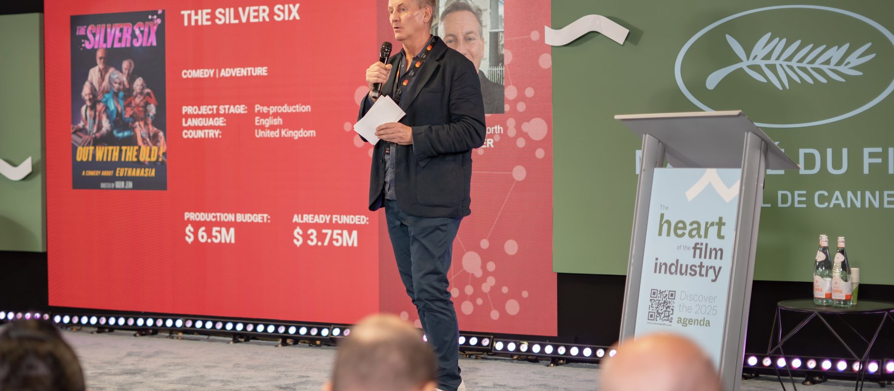 Steve Dodsworth pitching on stage at the Marché du Film, Cannes, 2025